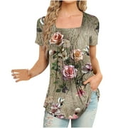 Olyvenn Women's Peplum Tops Tunic Tees Relaxed Irregular Hem Loose Casual Blouse Workout 2023 Trendy Going out Fashion Short Sleeve Tees Retro Floral Summer Tops Square Collar Shirts Coffee 4