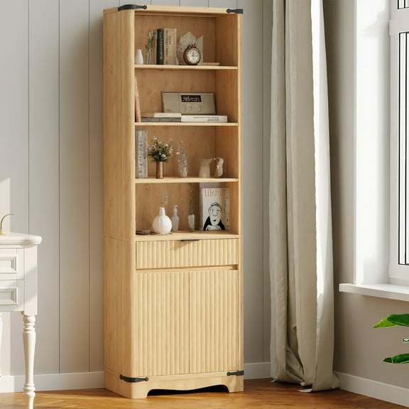 Vabches 70'' Tall Bookcase with 2 Doors and Drawer, Fluted Narrow Storage Cabinet with Metal Handle and Round Edge 6, Oak Shelves