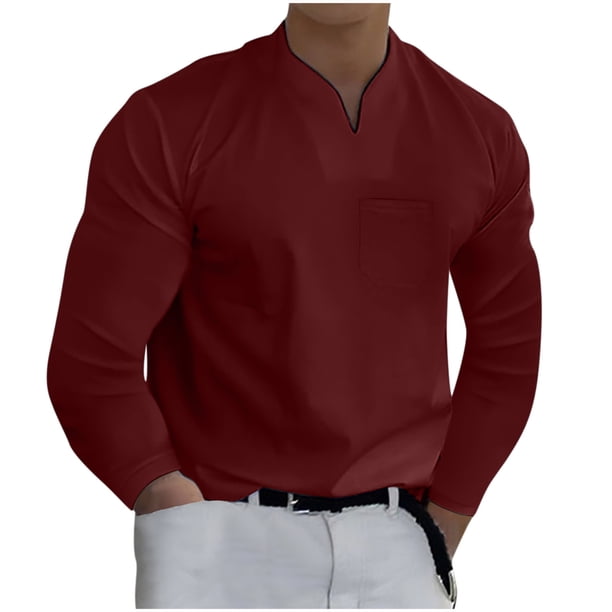 Camiseta de manga larga con cuello en V para hombre, informal, deportiva, sólida, para entrenamiento físico Pompotops oipoqjl34968