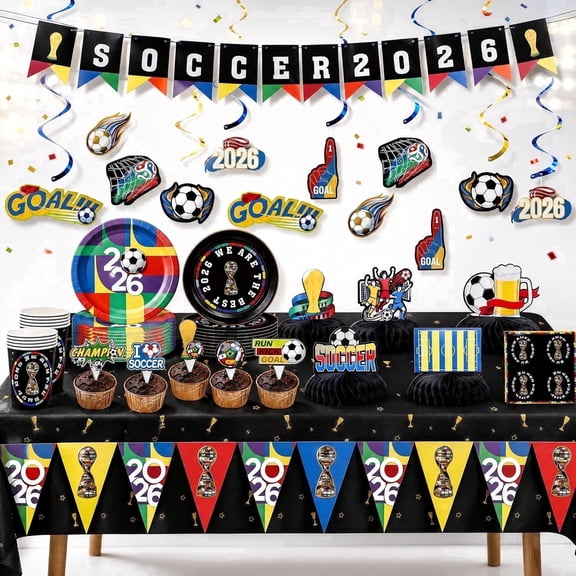 2026 Soccer Themed Decorations Set - 79Pcs Black Football Kit with Plates Cups Napkins Tablecloth Banner for Viewing Events & Sports Fan Celebrations