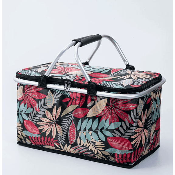 Insulated Printed Picnic Basket,Collapsibleย Shopping Basket with Handles,30L Large Market Basket with Lid Reusable Folding Grocery Basket Insulated Cooler Bag