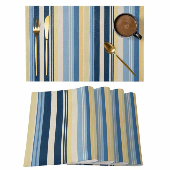 Blue Yellow Striped Placemats Set of 8, Farmhouse Stripes Vintage Placemats for Dining Table, Place Mats for Kitchen Tabletop, Waterproof Wipeable Dining Table Mats Set