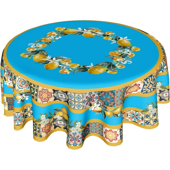 Blue Lemon Tablecloth Round 60 Inch Spring Summer Flower Table Cloth Wrinkle Resistant Boho Floral Farmhouse Table Cover Decorative for Home Kitchen Dining Indoor Ondoor Party Picnic