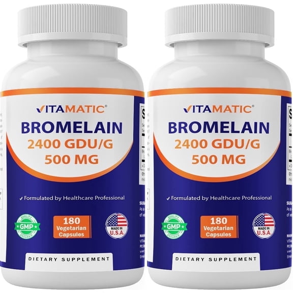 Vitamatic Bromelain 2400 GDU/g, 500 mg, 180 Capsules, Digestive Enzymes pack of 2