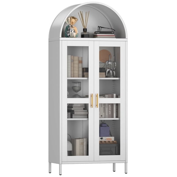GangMei 73" Tall Metal Arched Cabinet, Kitchen Pantry Cabinet with Glass Door, Modern Farmhouse Display Cabinet with 2 Adjustable Shelves for Dining Room and Living Room, White, Assembly Required