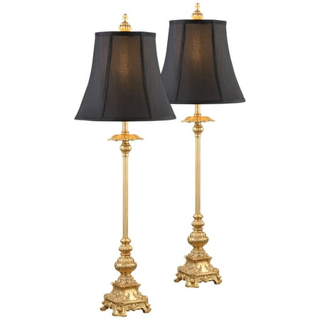 Regency Hill Traditional Buffet Table Lamps Set of 2 Gold Intricate Details Black Fabric Bell Shade for Dining Room