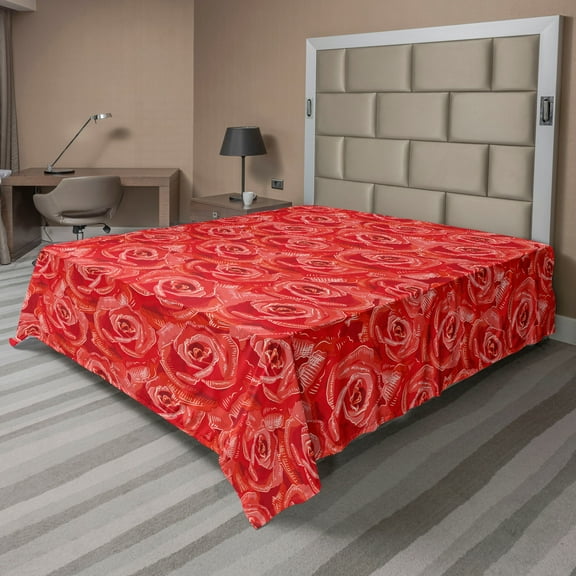 Ambesonne Floral Design Flat Bedding Sheet Soft Top Sheet, Dreamy Rose Scene Art, California King, Dark Coral White