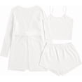 thumbnail image 2 of Conjunto de pijama de 3 piezas para mujer, camiseta de punto acanalado, pantalones cortos, ropa de dormir suave con bata y cárdigan, 2 of 5