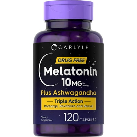 Melatonin 10mg | 120 Capsules | with Ashwagandha for Men and Women | Non-GMO, Gluten Free Supplement | by Carlyle