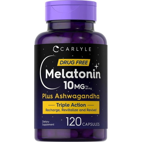 Melatonin 10mg | 120 Capsules | with Ashwagandha for Men and Women | Non-GMO, Gluten Free Supplement | by Carlyle
