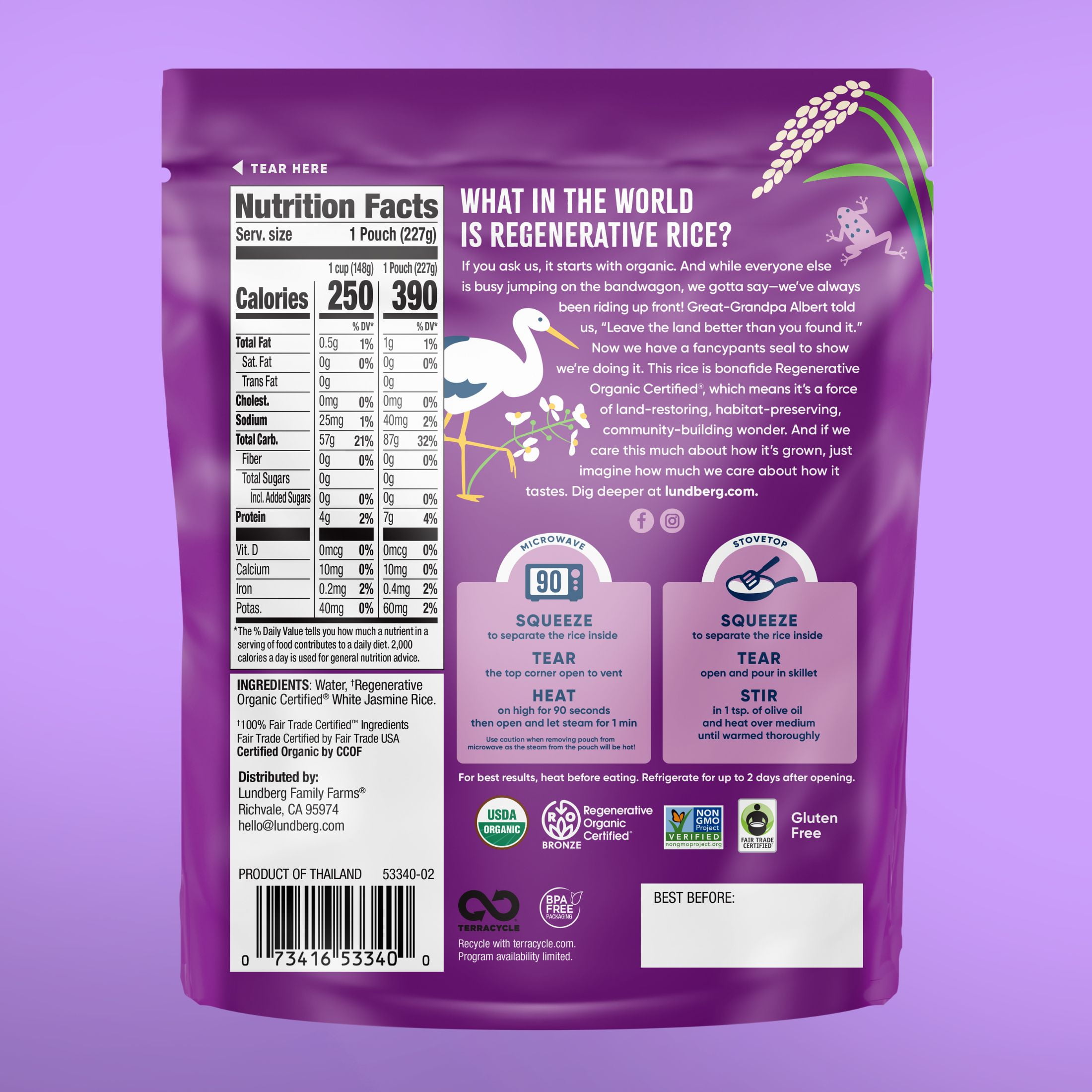 (2 pack) Lundberg Family Farms® Regenerative Organic Certified® White Jasmine Rice - Microwave Ready in 90 Seconds, 8oz Pouch