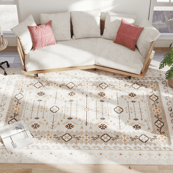 Brown Geometric & Floral Pattern Area Rug 120.1"x96.1" Flannel Soft Non-Slip TPR Backing Machine Washable Rug for Living Room Bedroom