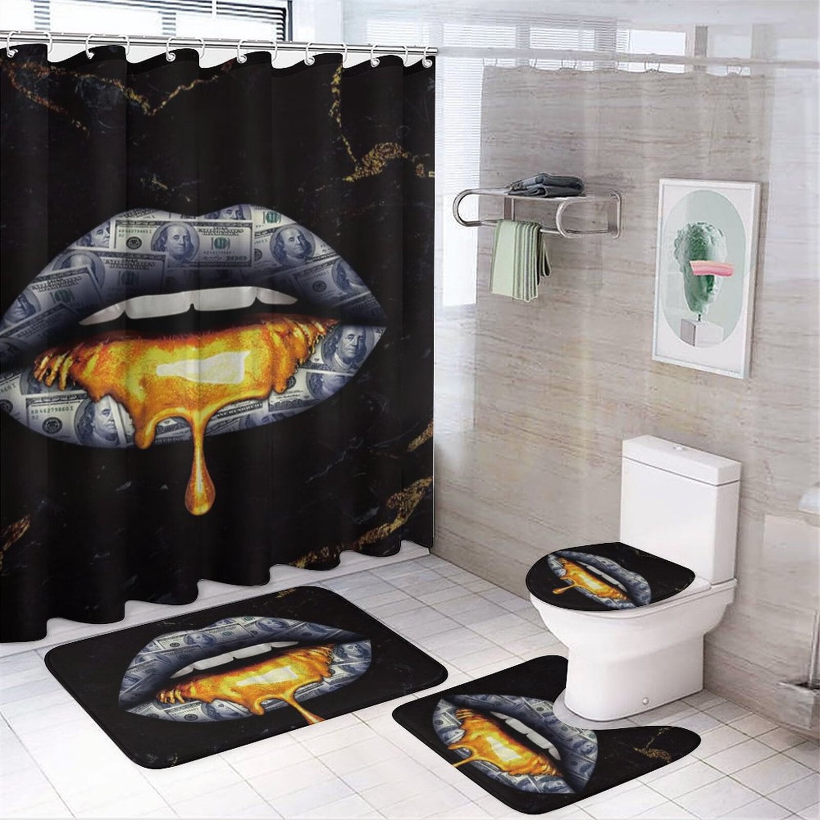 4 Pcs Marble Shower Curtain Sets, Naked Lip US Dollars Black Gold