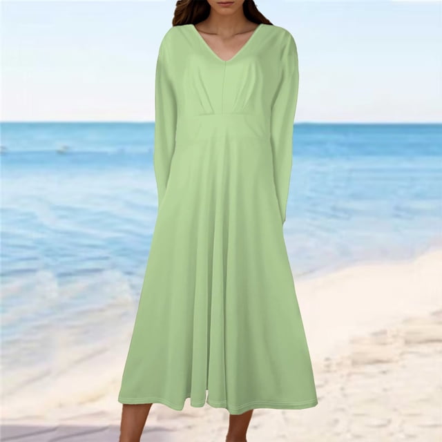 50 % de Rabais! Robes de Bal pour Femmes 2024, Robe à Manches Courtes Col en V Mode Imprimée Taille Haute Mi-Mollet Col en V Vert G