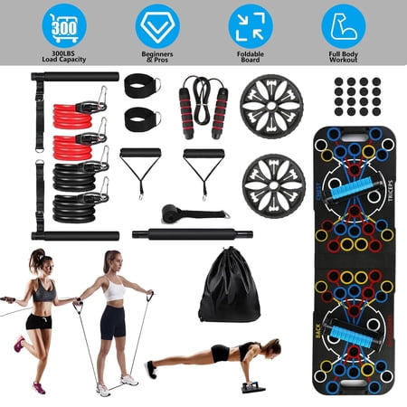 Moclever Multifunctional Push up Board for Men Women, Foldable Home Strength Training Equipment with Pilates Bar Resistance Band Roller Wheel, Black