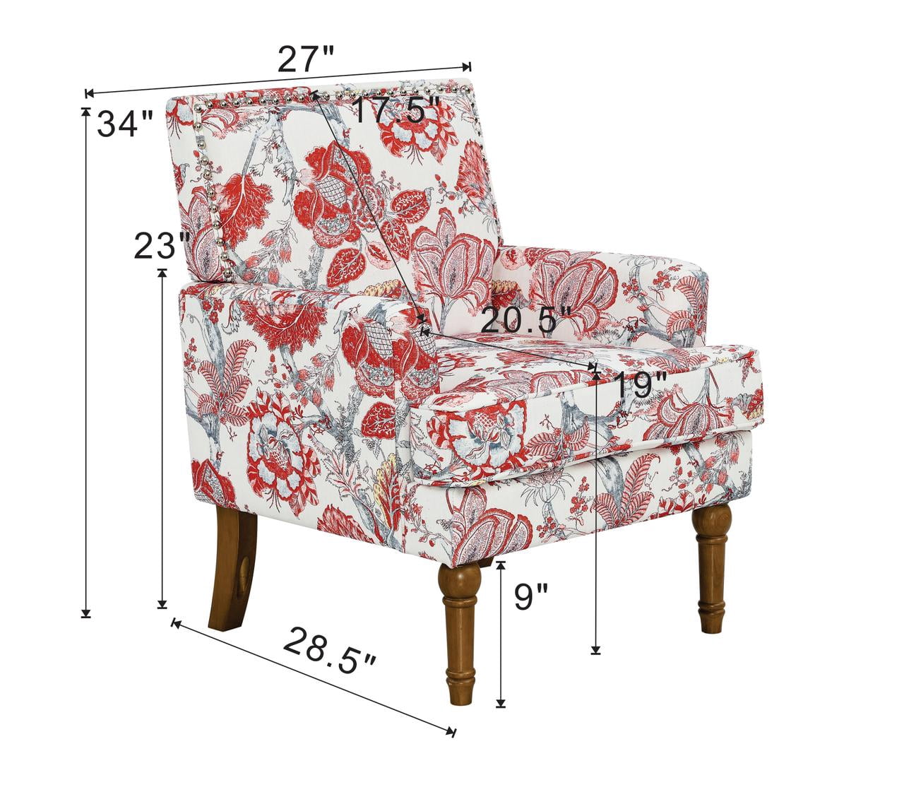 Floral Accent Chair with Nailhead Trim, Red and White Upholstered Armchair with Solid Wood Legs, Farmhouse Slipper Chair for Living Room, Red