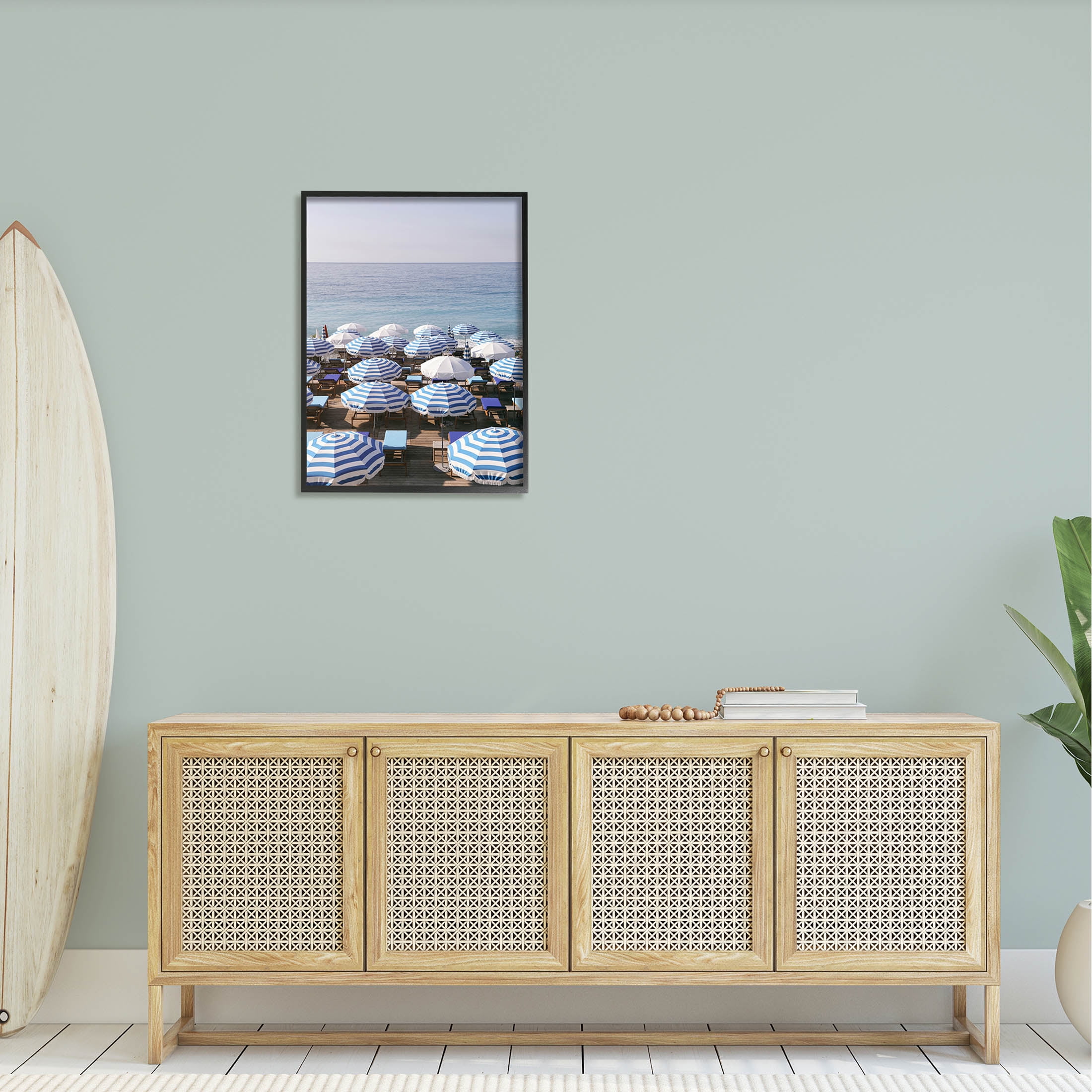 Beach Umbrellas Clear Summer Sky Coastal Photograph Black Framed Art Print Wall Art