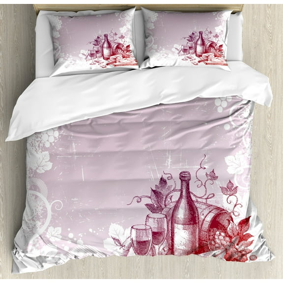 Wine Duvet Cover Set, Grunge Abstract Frame Bunch of Grapes Leaves Country Drinks Food Picnic Concept, Decorative 3 Piece Bedding Set with 2 Pillow Shams, Calking Size, Lilac and White, by Ambesonne