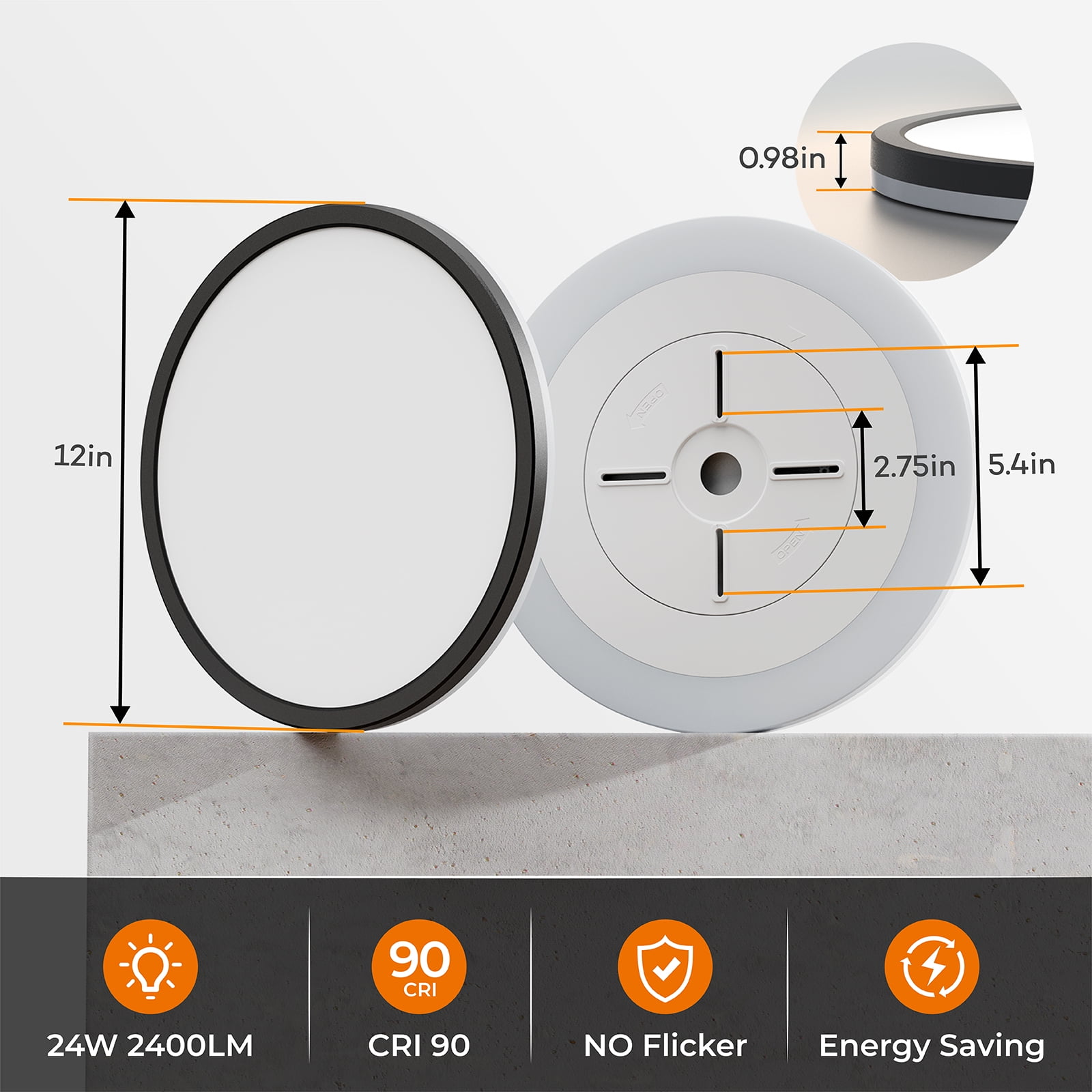 Matane 12'' LED Flush Mount Ceiling Light Fixture with Night Light, 24W 2400LM 3000K/4000K/5000K, Ceiling Lamp Surface Mount Round Lighting Fixture for Bedroom, Dining Room, Kitchen,Black