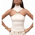 thumbnail image 2 of Women Halter Neck Pleated Twist Front Tank Tops Trendy Slim Fit Sleeveless Hollow Out Halter Top Clubwear Cream White XL, 2 of 9