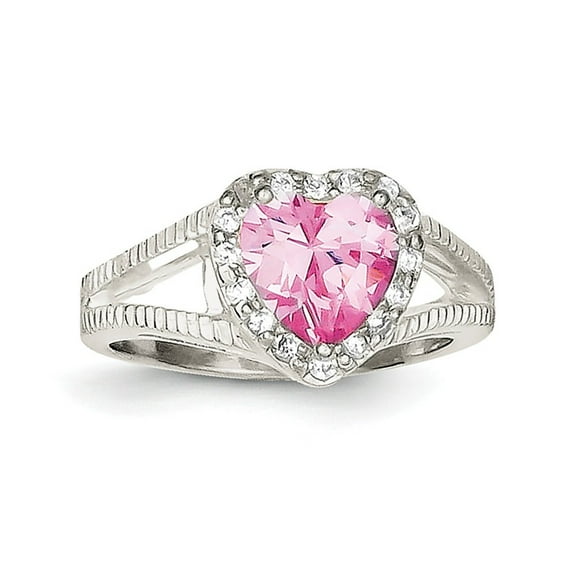 Sterling Silver Pink Cubic Zirconia Heart Ring - Size 8 - Measures 2mm Wide