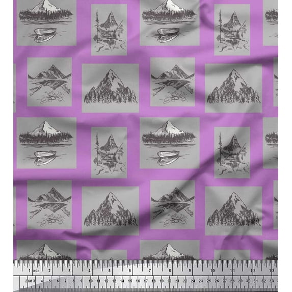 Soimoi Purple Cotton Jersey Fabric Boat & Mountain Nature Print Fabric by the Yard 58 Inch Wide