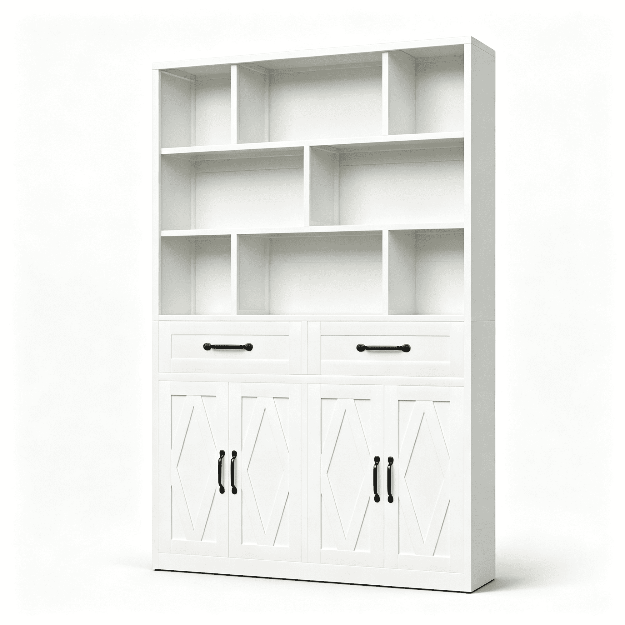 Decorative Bookshelf with Cabinets and Drawers, Freestanding Bookcase with Open Cubby Storage, Wooden Display Storage Cabinet for Home Office Bedroom Living Room