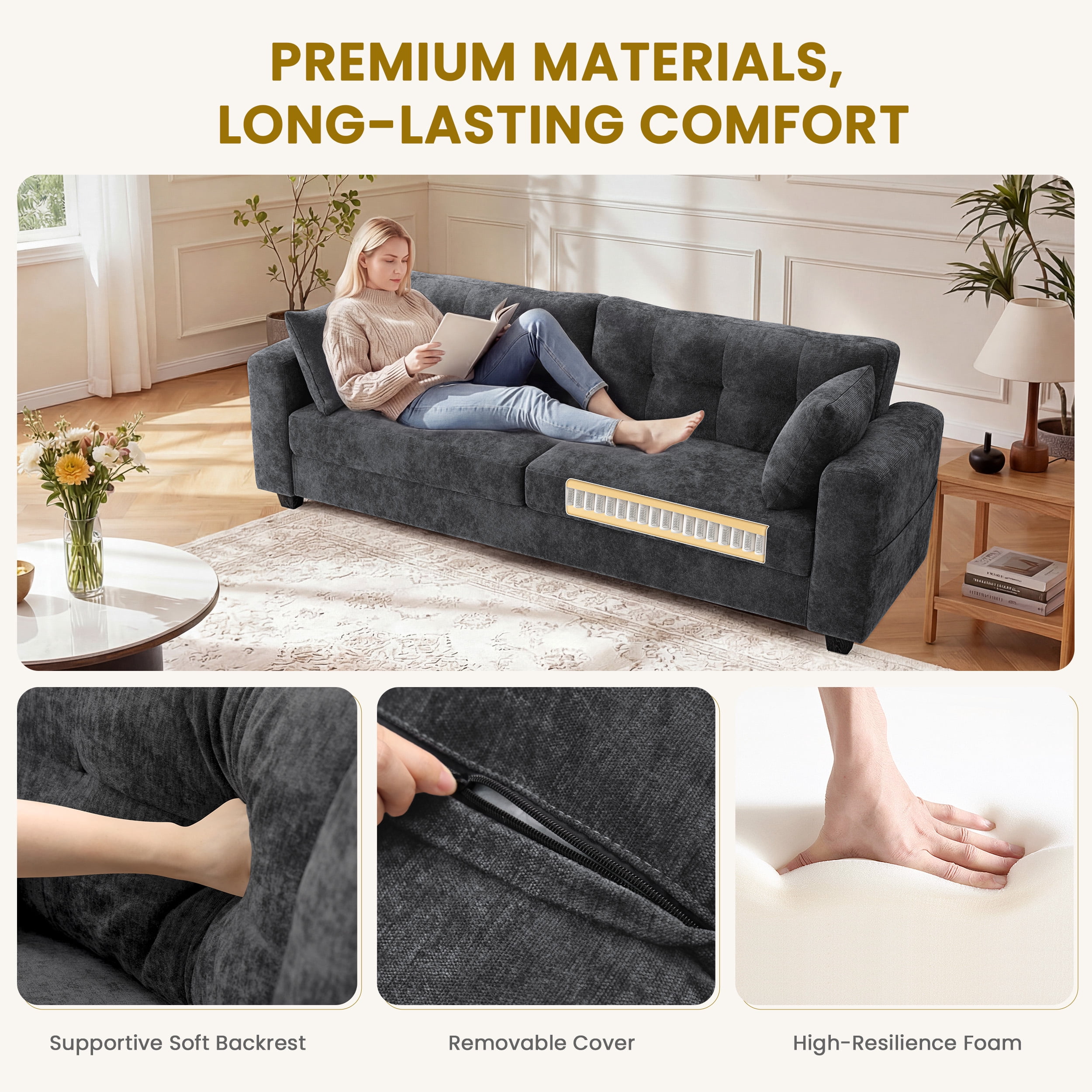 WISHEAD 87" Large 3 Seater Sofa Couch for Living Room, Office, Oversized Couches with Extra Deep Seat, USB Charging Port, 2 Pillows, Dark Gray