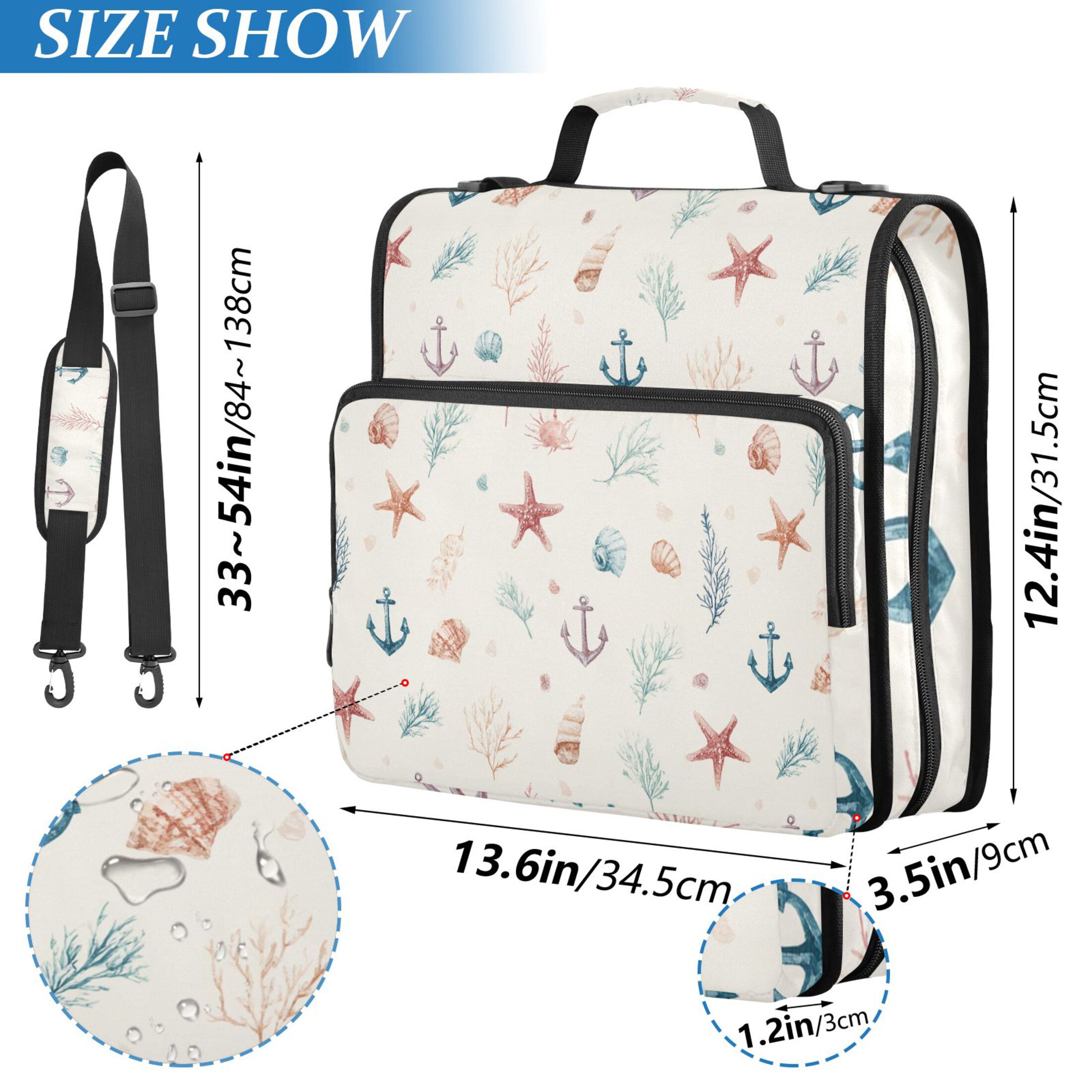 Zipper Binder Starfish Shell Anchor 1.5 Inch Binder Folder Bag with Shoulder Strap and Handle