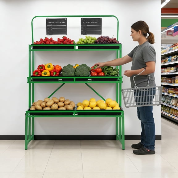 Fruit Vegetable Storage Rack W/ Removable Baskets 3-Tier Supermarket Retail Rack (Black Green)