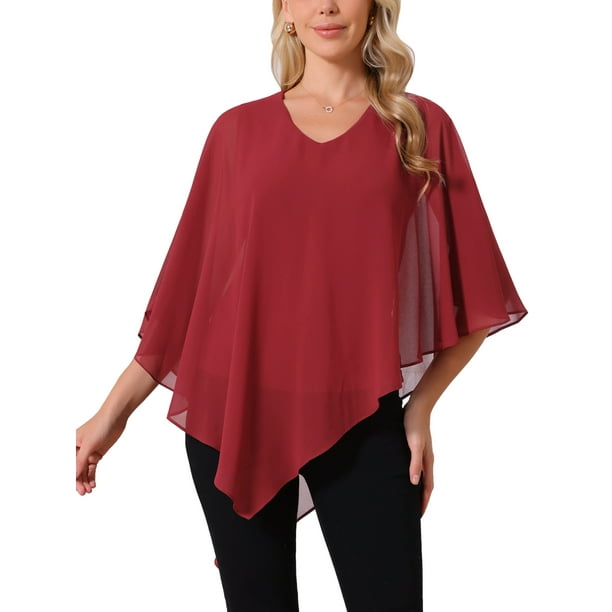 INSPIRAR CHIC Blusa Flowy para Mujeres con Cuello en V de Chiffon Ligero Camisas Elegantes Asimétricas de Doble Capa Top de Otoño M Rojo Vino