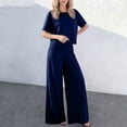 thumbnail image 5 of Bbyeadc Two Piece Linen Sets for Women Short Sleeve Crew Neck T-Shirt Solid Color Elastic Waist Pants Fashion Spring Travel Sets,Blue (XL), 5 of 5