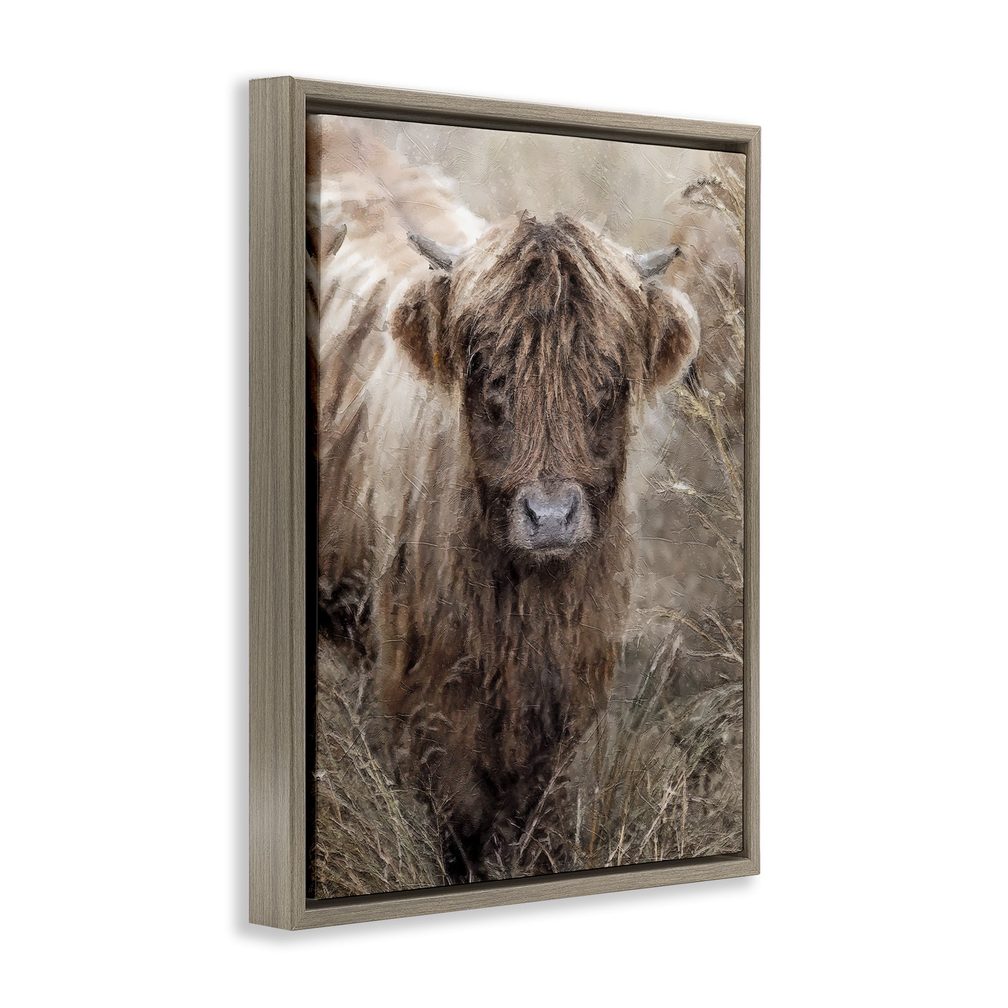 Stupell Industries Baby Cattle with Reeds Animals & Insects Painting Brown Floater Framed Canvas Art Print Wall Art, 17 x 21