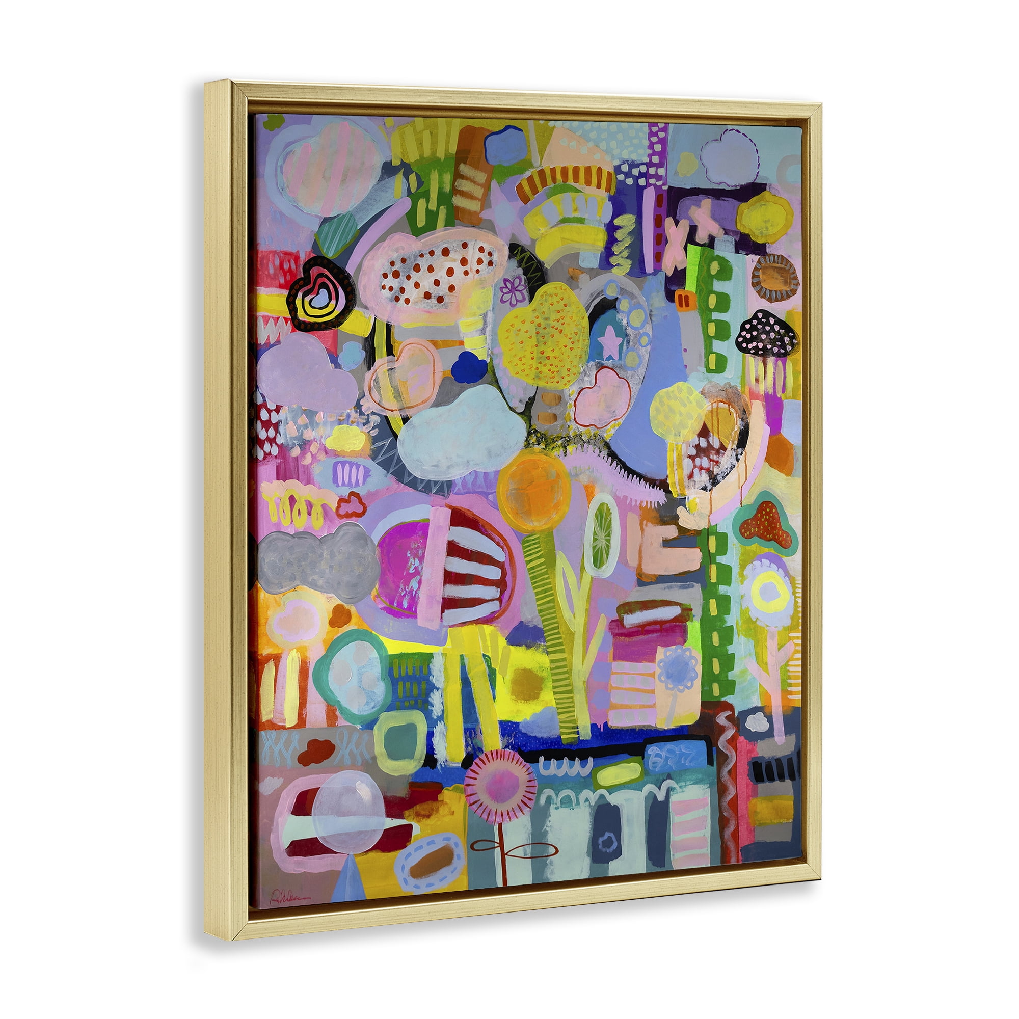 Stupell Industries Big Happy Whimsical Collage Gold Framed Floater Canvas Wall Art, design by Mary Robertson