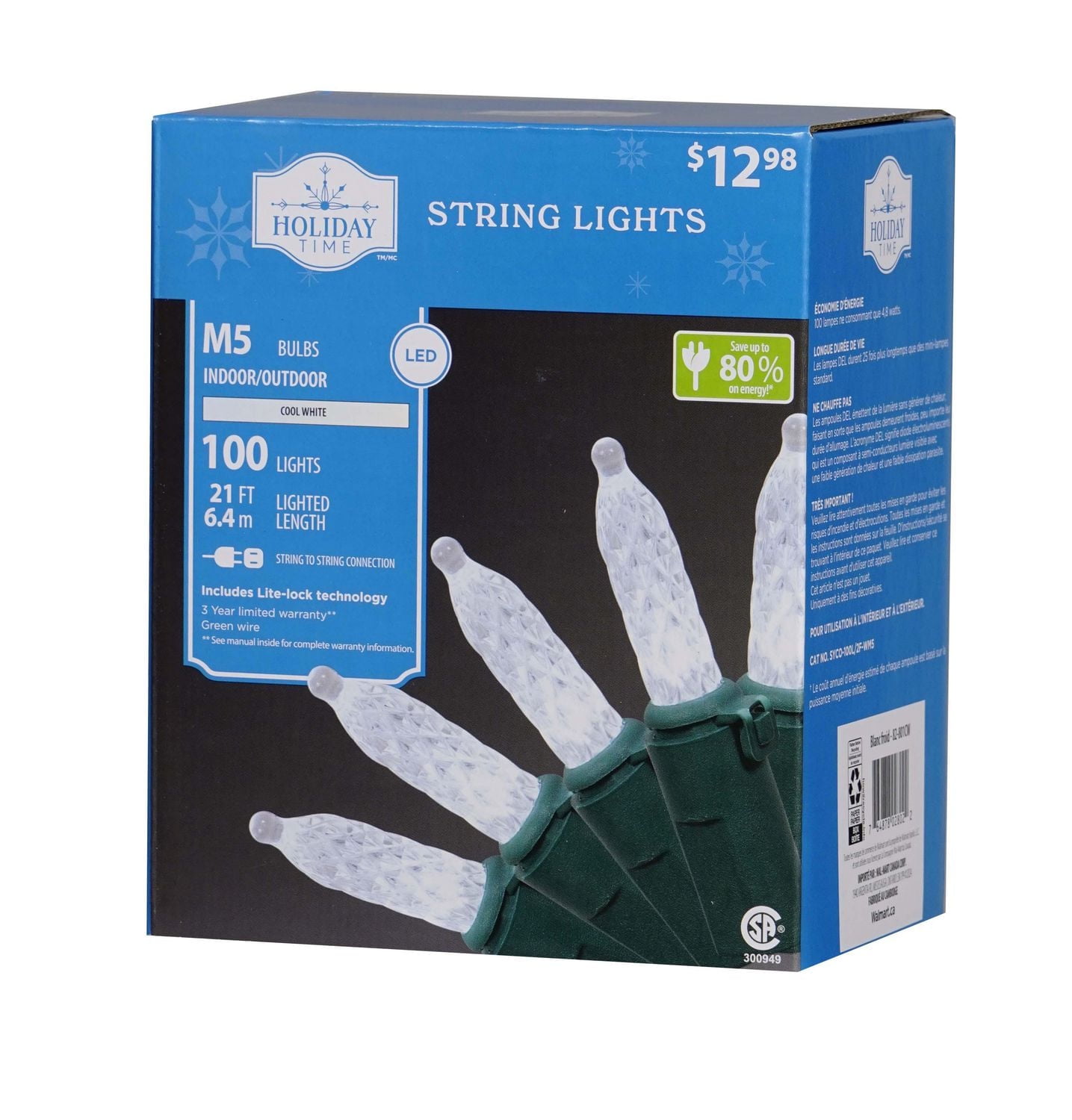 Lot de 100 lumières de Noël à DEL blanc froid M5 avec fil vert, 21 pieds, Holiday Time Espace entre les ampoules de 3,25 po (8,2 cm)