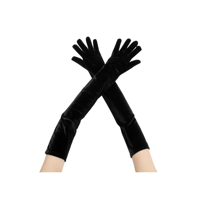 INSPIRAR CHIC Guantes Largos de Terciopelo para Mujeres de los Años 1920, Guante de Ópera de Dedos Completos para Fiesta Nocturna, Negro L