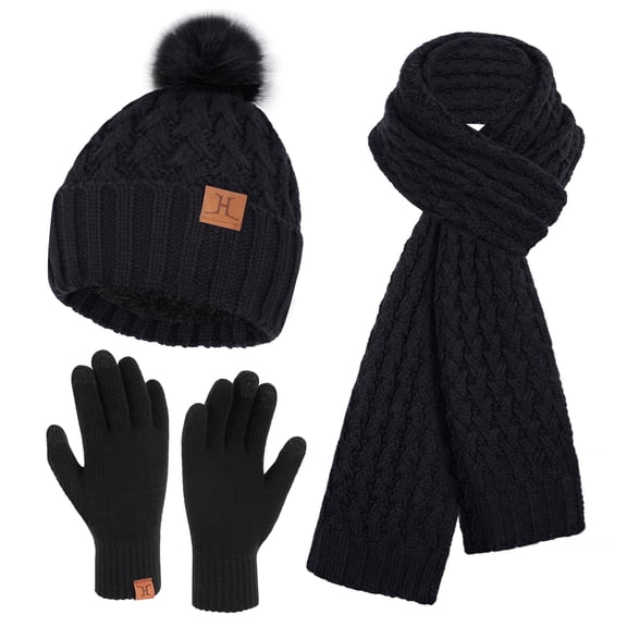 FZ FANTASTIC ZONE Womens Winter Hat Long Scarf Touch Screen Gloves Set Warm Beanie Hats Neck Warmer Knit Caps with Pom Fleece Lined Gifts for Women