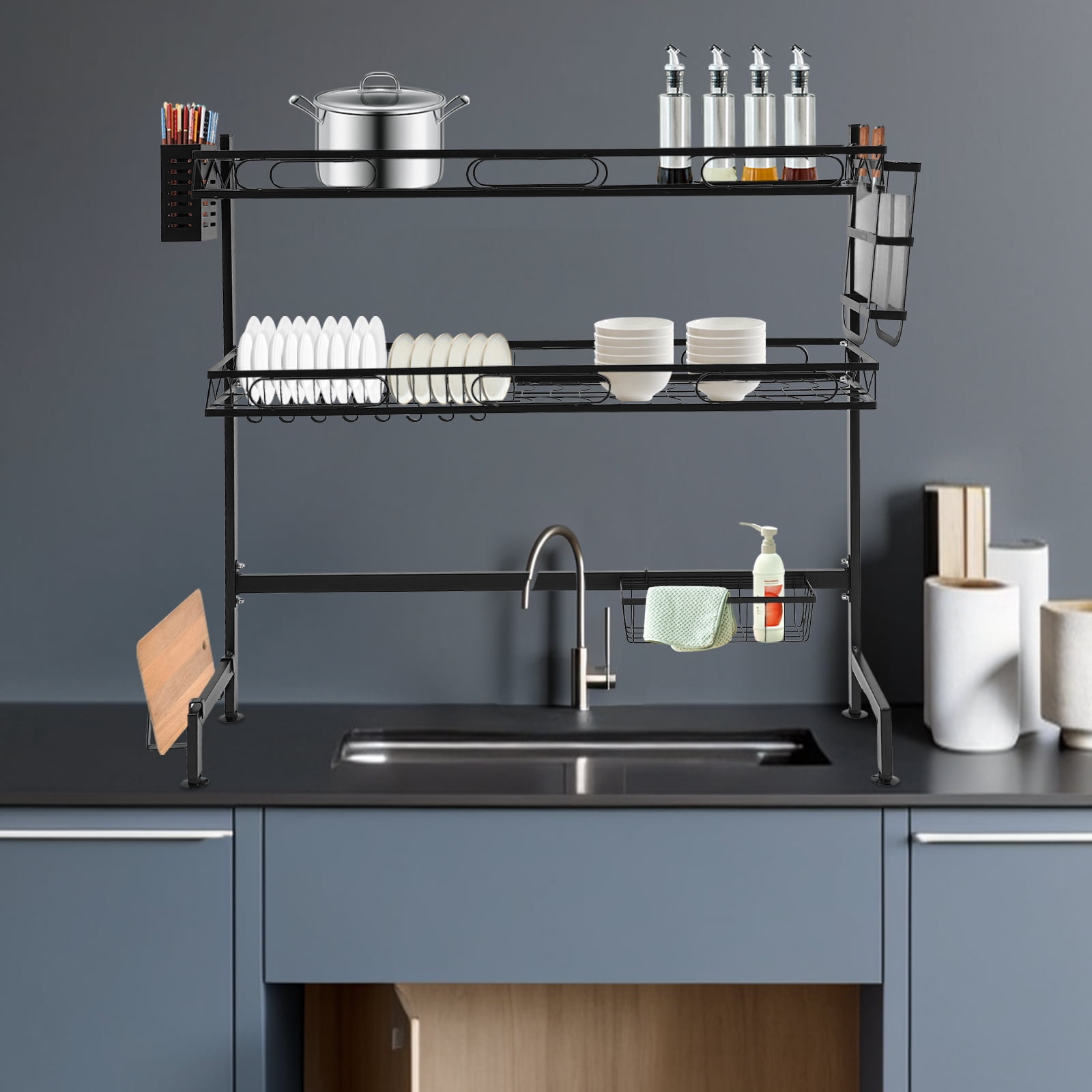 2-Tier Over Sink Dish Drying Rack – Heavy Duty Carbon Steel Kitchen Organizer with Adjustable Anti-Slip Feet, High Guardrail & Multi-Basket Storage, Black