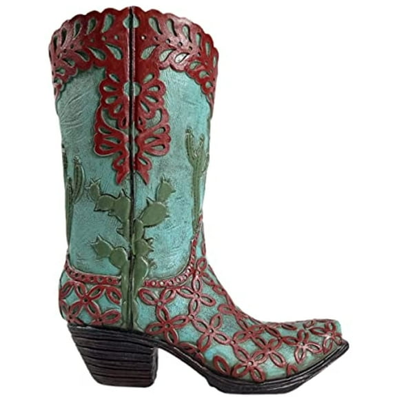 Urbalabs Western Cowboy Boot Vase 9 Inch Floral Teal Cactus Brown Lace Flower Vase Decorative Cowboy Boots Vases Home Office Rustic Decor Country Living Wedding Centerpiece