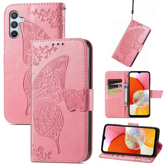 Wallet Case for Samsung Galaxy A17 5G,Women Folio PU Leather Case Wrist Strap Card Slots Holder Purse Embossed Butterfly Flower Stand Magnetic Closure Flip Full-Body Protective Case,Pink