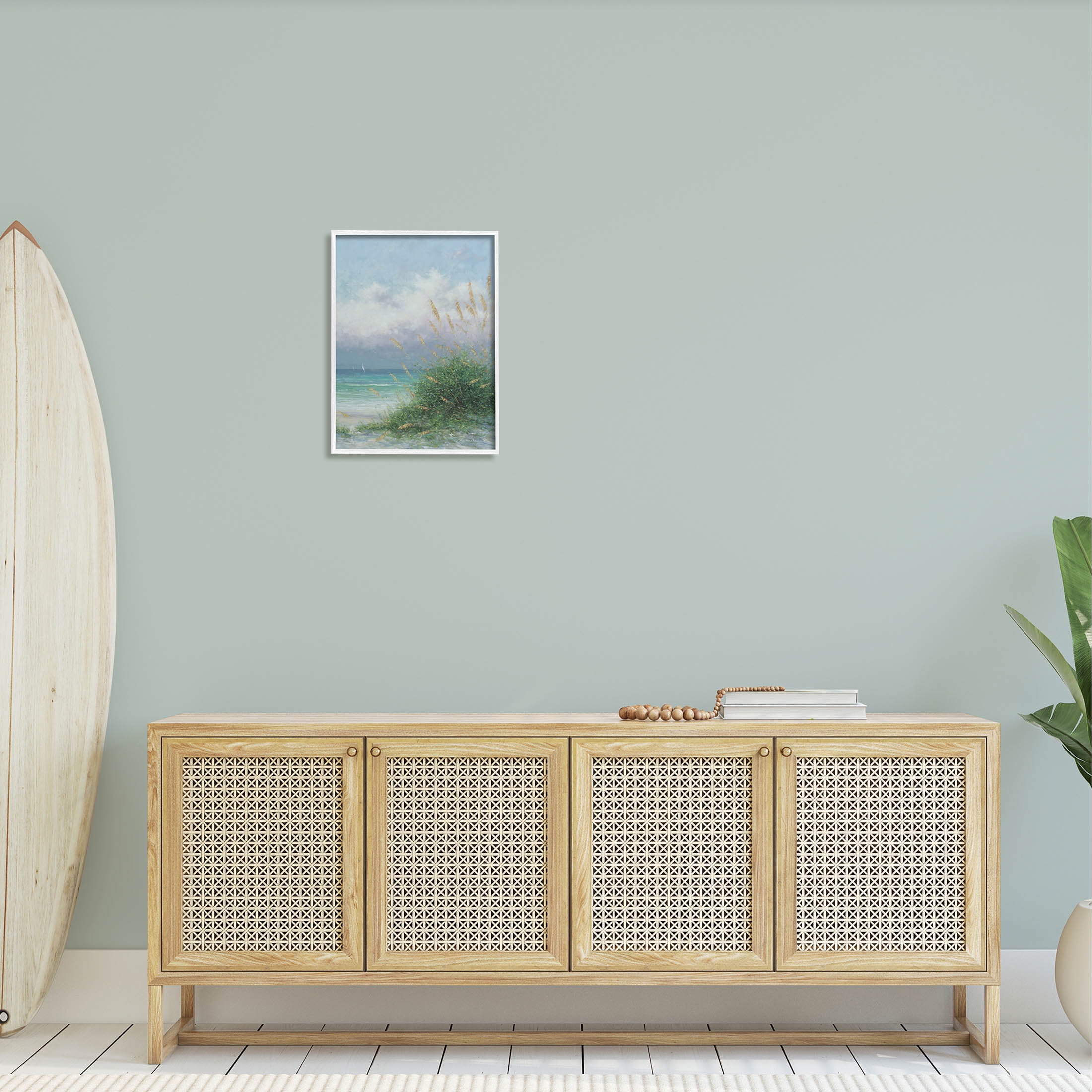 Ocean Waves Beach Reeds Coastal Painting White Framed Art Print Wall Art