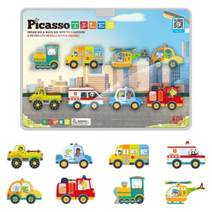 PicassoTiles Metro City Vehicle Magnetic Tile Set 8 Pieces