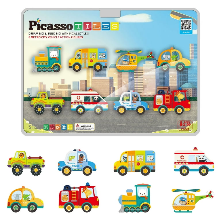 PicassoTiles Metro City Vehicle Magnetic Tile Set 8 Pieces photo 1