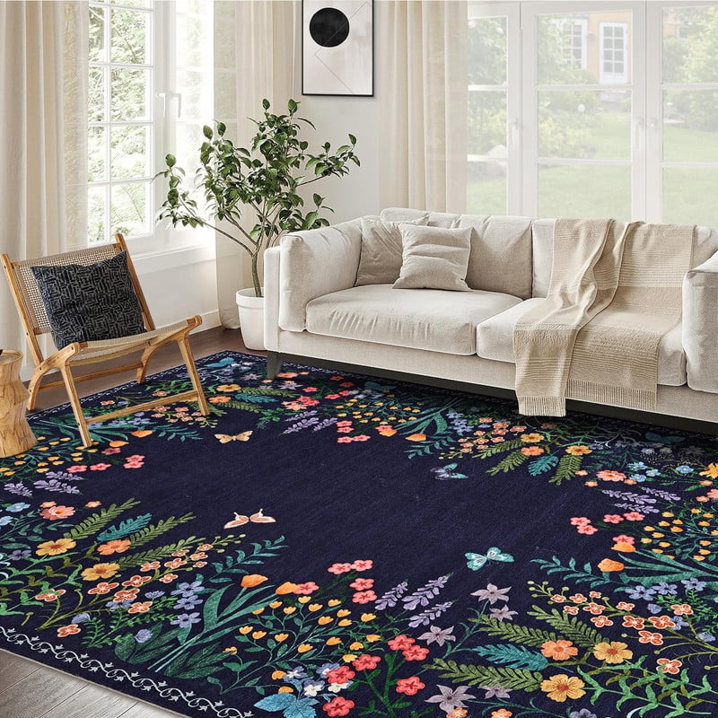 Washable 10x13 Area Rugs, Large Living Room Rug, Non-Slip Soft Floral Rugs for Bedroom, Botanical Area Rug Carpet for Dining Room Guest Room (Blue,10'x13')