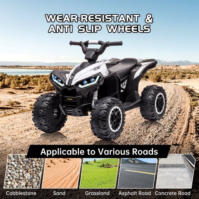 12V Electric ATV for Kids, 4-Wheeler Ride-On Toy Car – Remote Control, LED Lights, Music, High/Low Speed, USB, Gentle Start, Treaded Tires – Battery Powered Quad, White