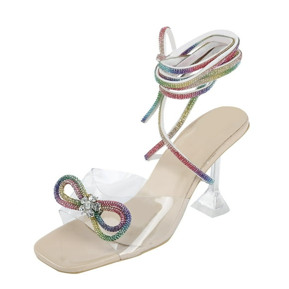 XIAQUJ Fashion Bowknot Fancy Color Diamond Strap High Heel Sandals Sandals for Women 2024 Pink 8.5