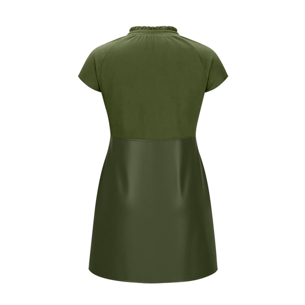 suede dress green DeHolifer Women's Mini Fall Cap Sleeve V-Neck Faux Leather Dress Army 2XL loop-ae-068