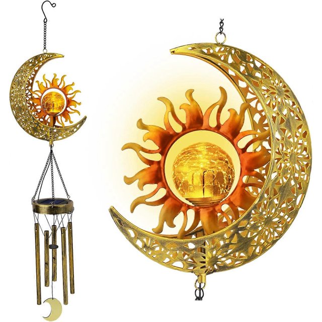 Sun Moon Solar Wind Chimes for Outdoors Crackled Glass Ball Waterproof Wind Chimes for Outdoors Deep Tone Release Garden Decor Sympathy Gift for Women