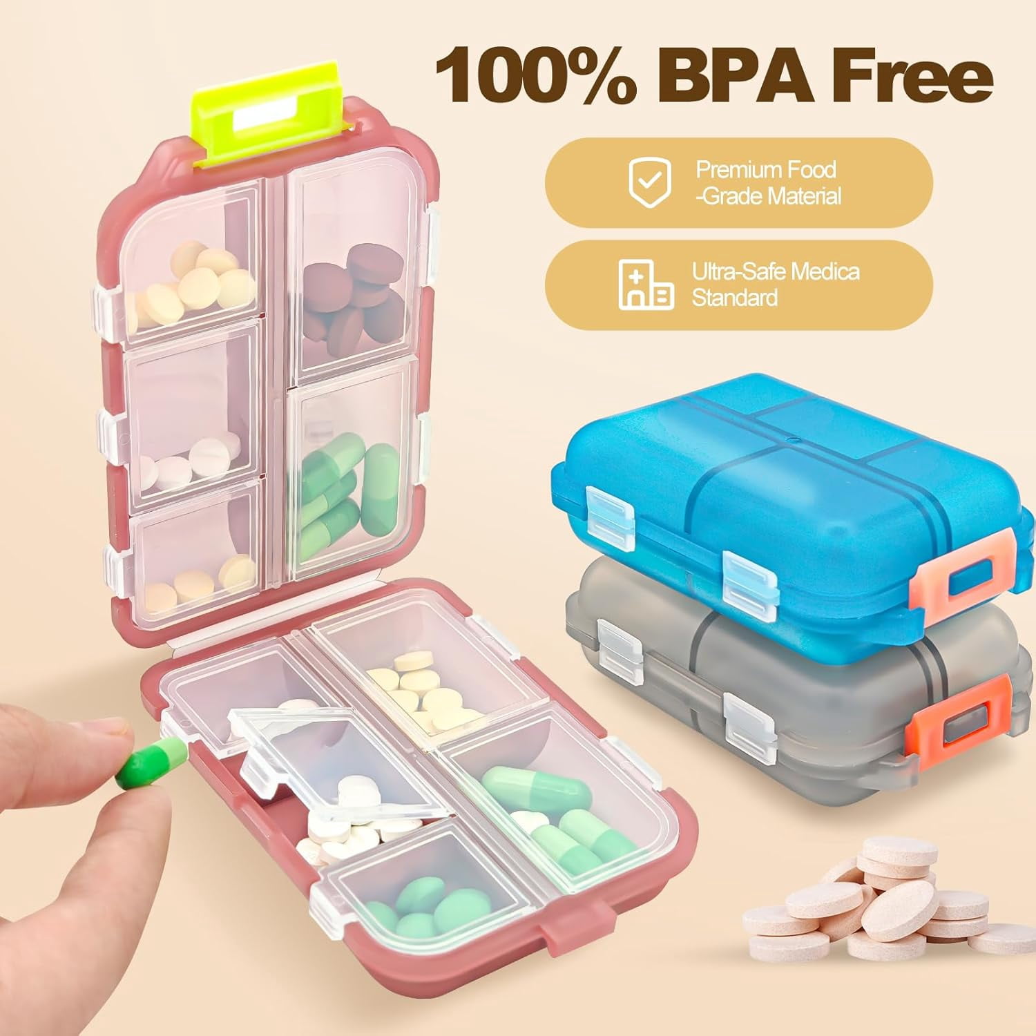 3 Piece 10 Compartment Travel Pill Organizer With Medicine Labels Portable Foldable Supplement Box