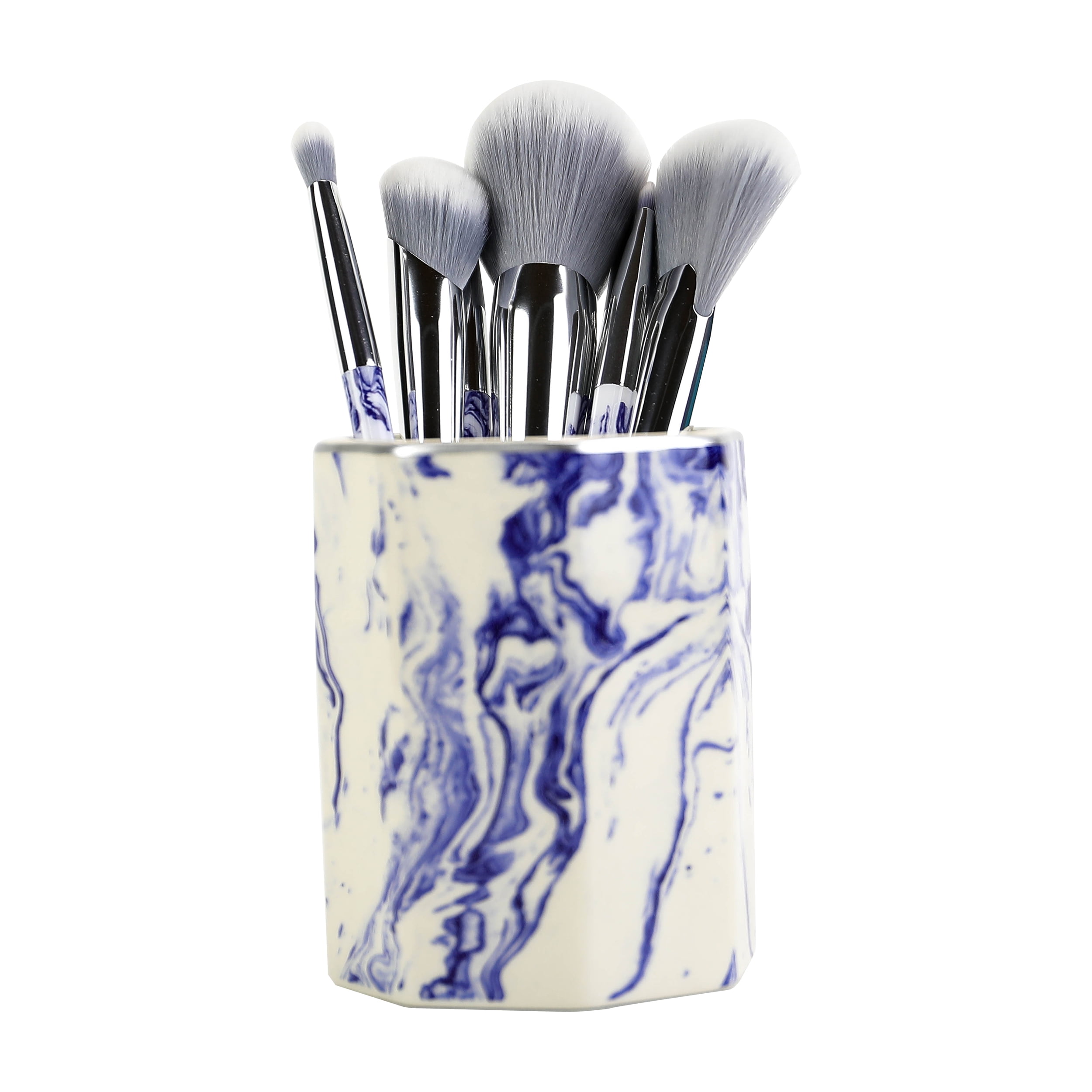 Unbrand Premium Classic Makeup Brush Gift Set with Navy Ceramic Holder, 8 Piece Set
